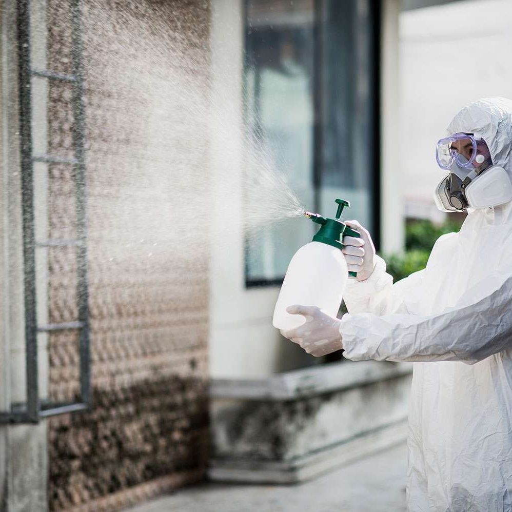 Specialist in protective suit spraying a moldy wall