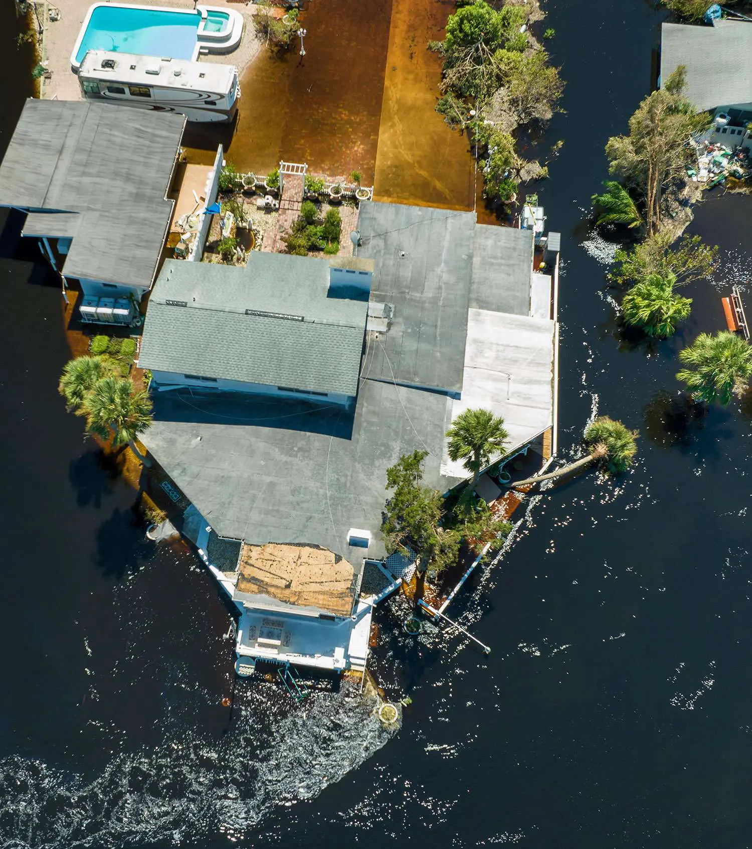 Aerial view of flooded homes after a storm